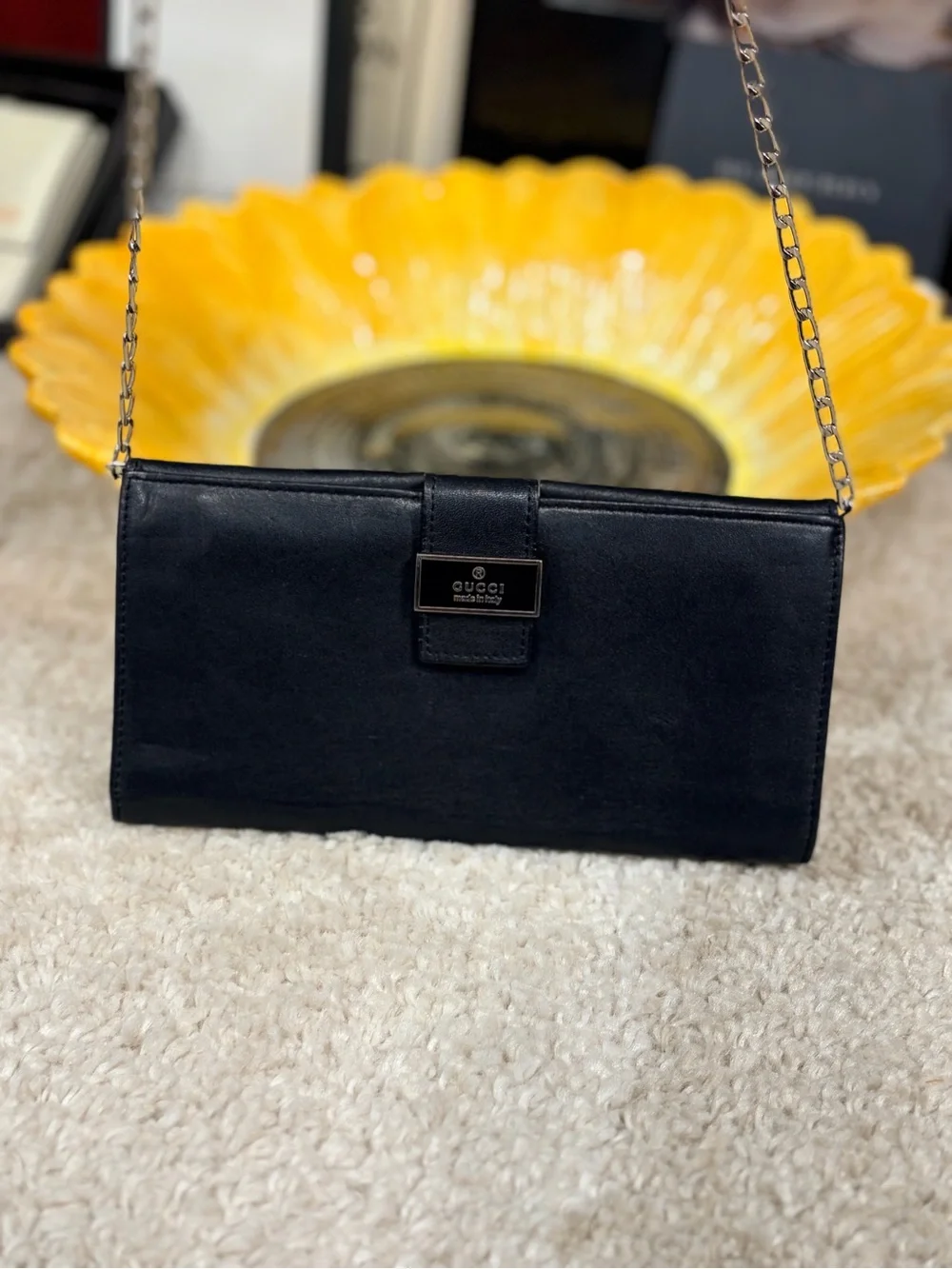 Gucci Black Smooth Leather long wallet on chain